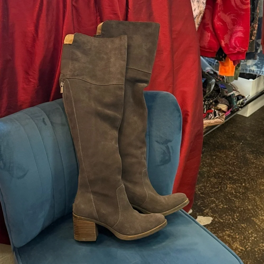 Lucky Brand Rayla OTK Boots Gray Suede Leather Size 8 Block Heel